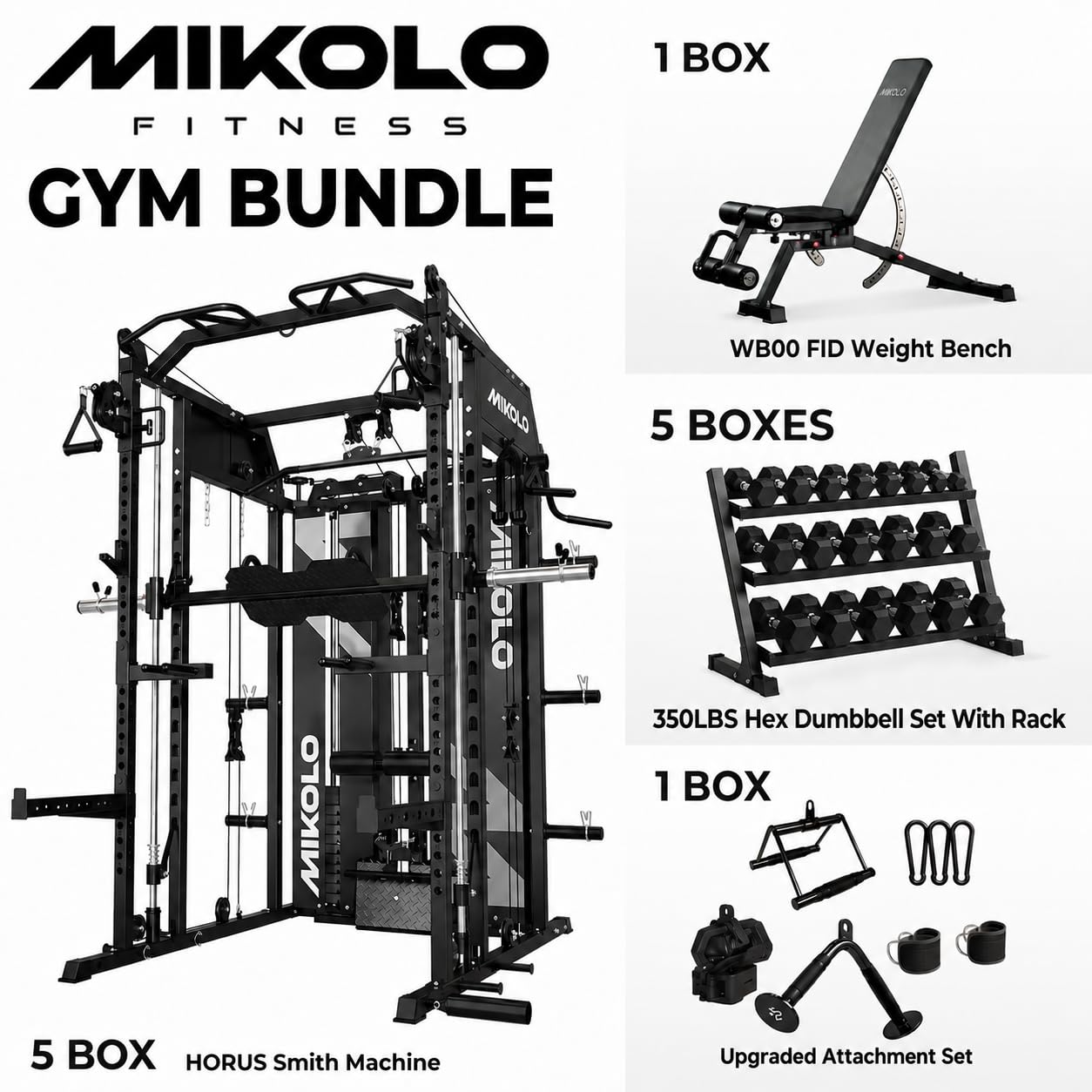 Mikolo Smith Machine with Weight Stack, Power Cage Home Gym System with LAT Pulldown & Cable Crossover, Multi-Functional Trainer with Dual Pulley System, Includes 10+ Free Attachments