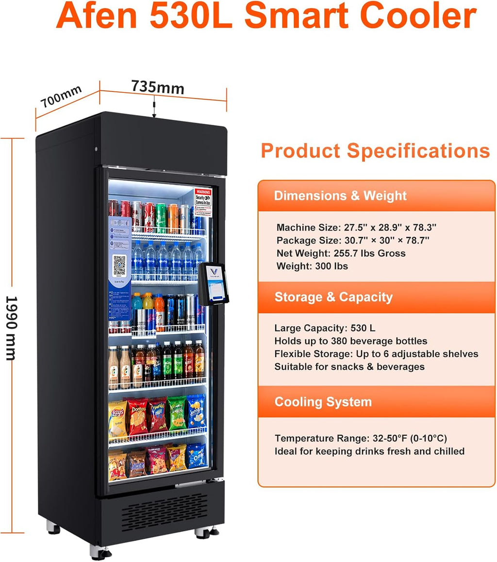 AFEN Vending Machines for Business, 530L AI Smart Vending machine with Vision Recognition, Grab & Go Open Door, Cashless Snack & Drink Combo with App Management for Office/School/Gym