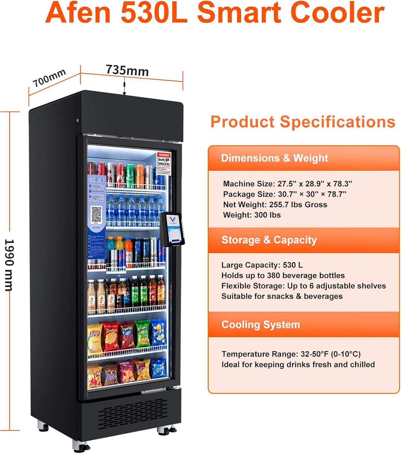 AFEN Vending Machines for Business, 530L AI Smart Vending machine with Vision Recognition, Grab & Go Open Door, Cashless Snack & Drink Combo with App Management for Office/School/Gym