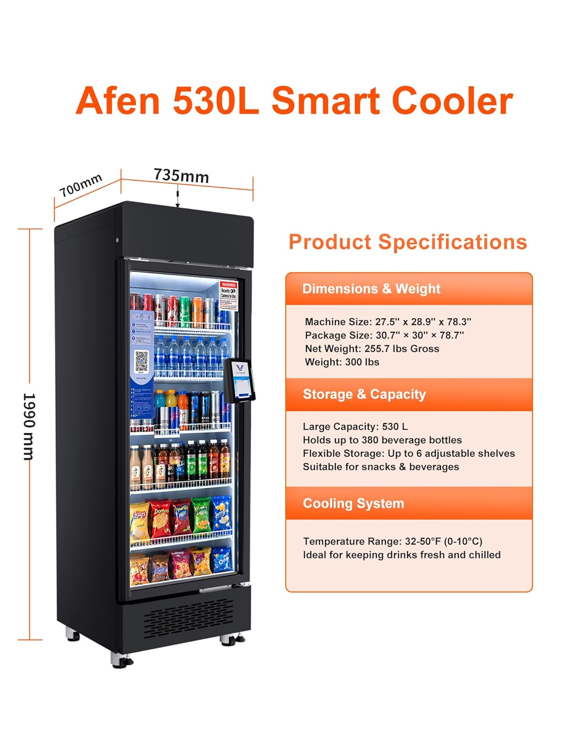 AFEN Smart Vending Machine 530L, Commercial Combo Snack & Drink Vending Machine with AI Technology, Smart Cooler with App Management for Office/School/Gym, Card Reader