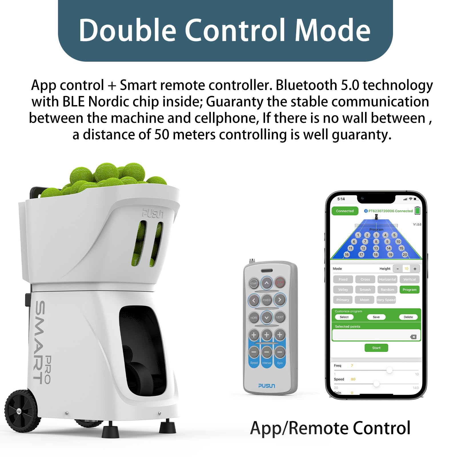 Smart Tennis Ball Machine PT-SMART PRO - 100+ Ball Capacity, Full APP Control, Internal Spin Serve, Ideal for Training & Matches