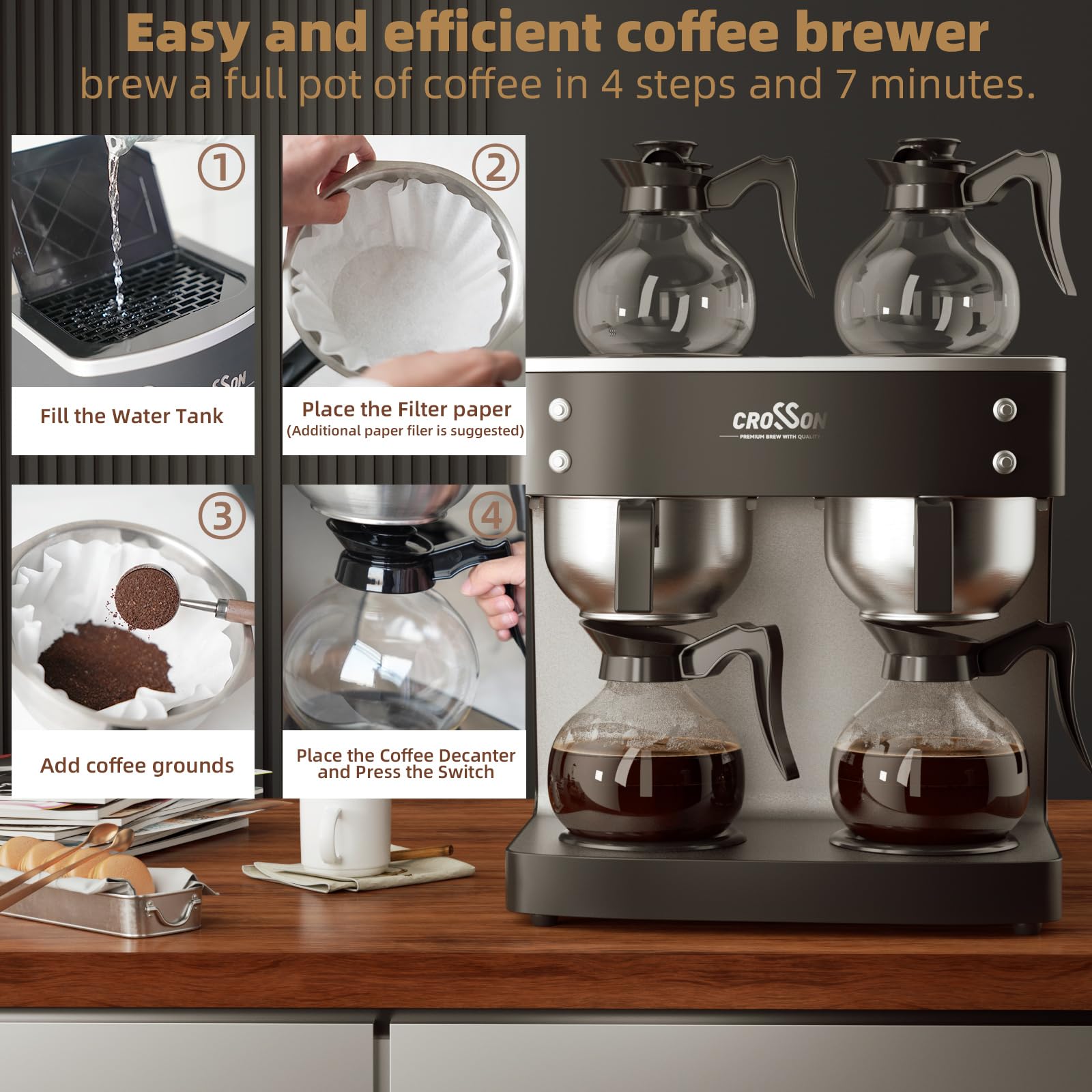 crosson 200 Cup/hour Commercial Drip Coffee Maker, 7.2L Pour Over Coffee Brewer with 4 Glass Decanter&Warmers and Easy Clean Fingerprint Free Housing and 304 Stainless Steel Funnel,