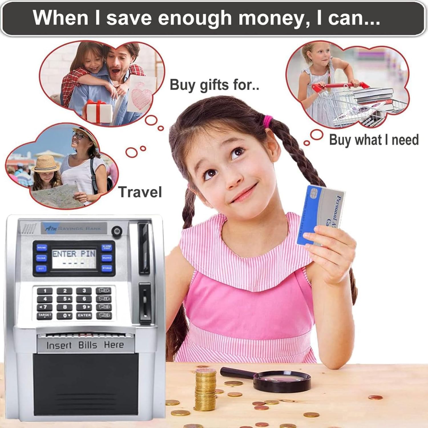 ATM Piggy Bank, Voice Prompt Money Counting Mini ATM Machine for Kids, Note Recognition, Targets Setting Piggy Bank with PIN Code Reset, Password Cash Can