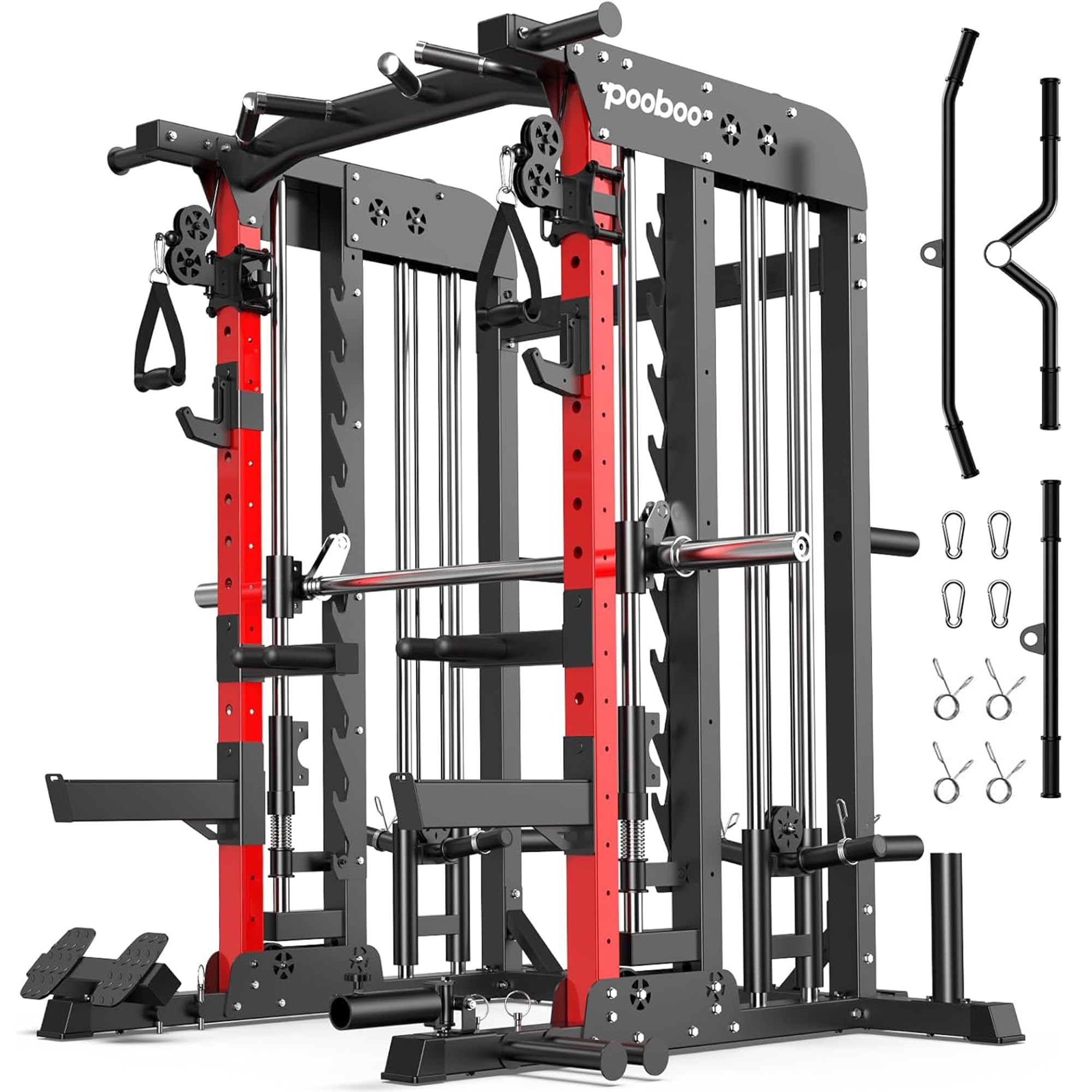 pooboo Multi-Functional Machine Power Cage, 2000LB Squat Rack, LAT-Pull Down System, Dual Pulley Cable Crossover System, Home Gym Workout Machine with Strength Training Attachments