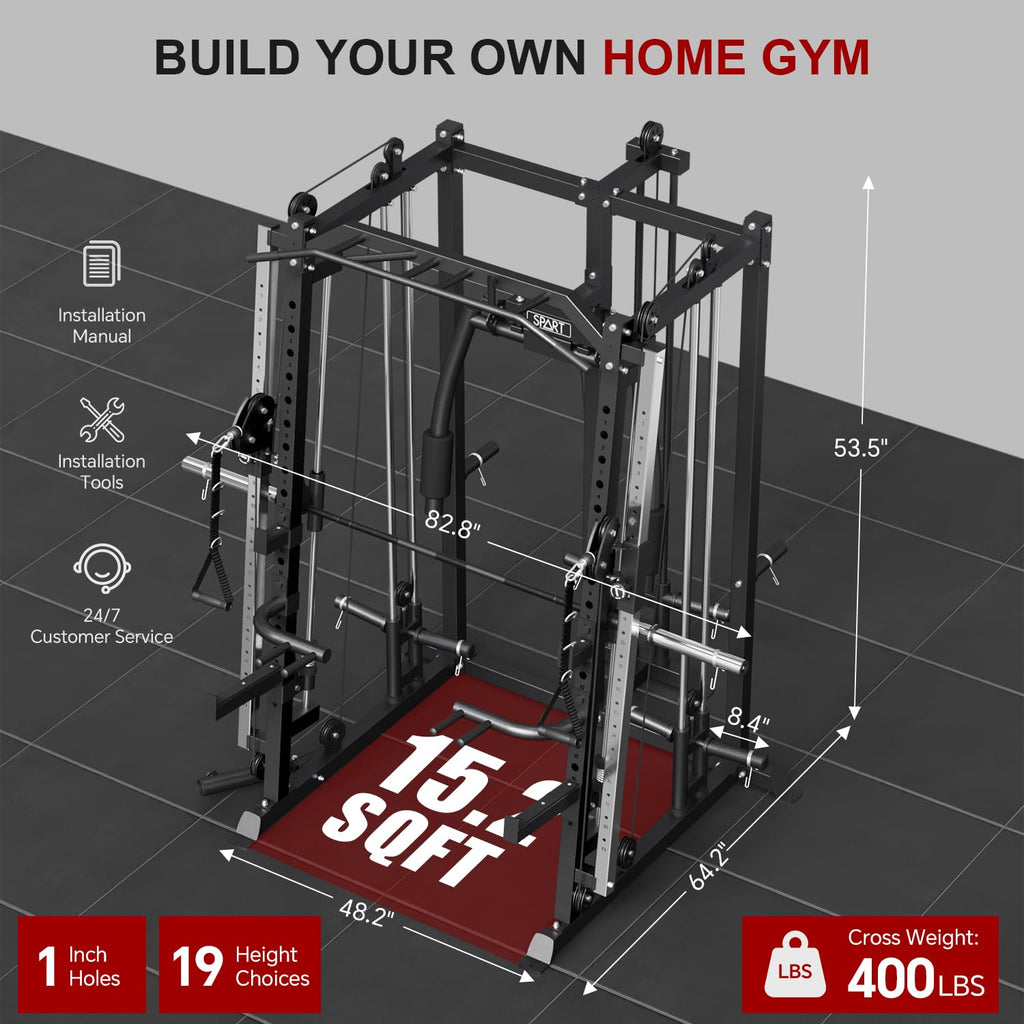 SPART Workout Station Angled Smith Machine with Bench,Cage System-Home Gym Multifunction Rack,Workout Equipment with Smith Bar, LAT Pull-Down Systems, Cable Crossover Machine and Cable Attachment