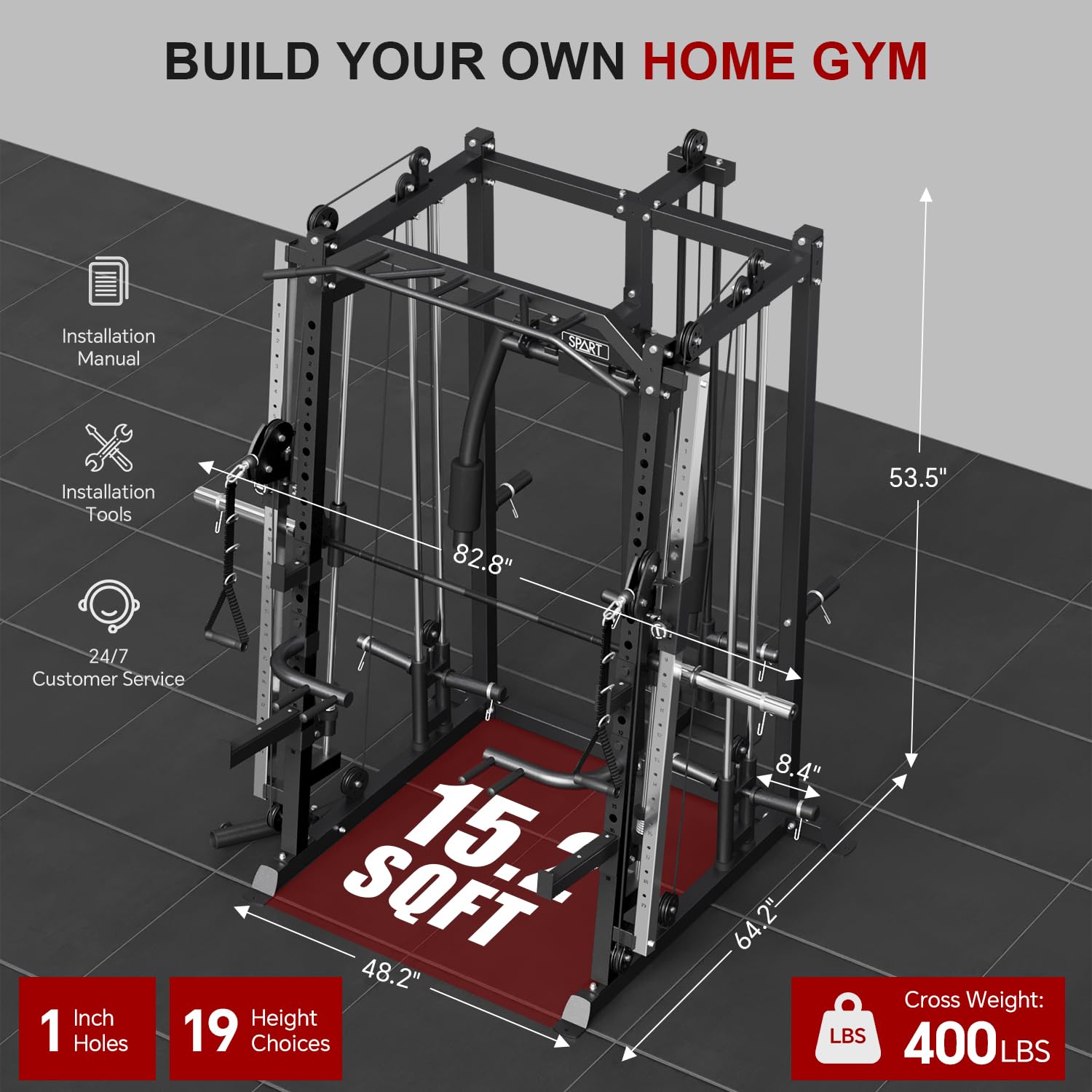 SPART Workout Station Angled Smith Machine with Bench,Cage System-Home Gym Multifunction Rack,Workout Equipment with Smith Bar, LAT Pull-Down Systems, Cable Crossover Machine and Cable Attachment