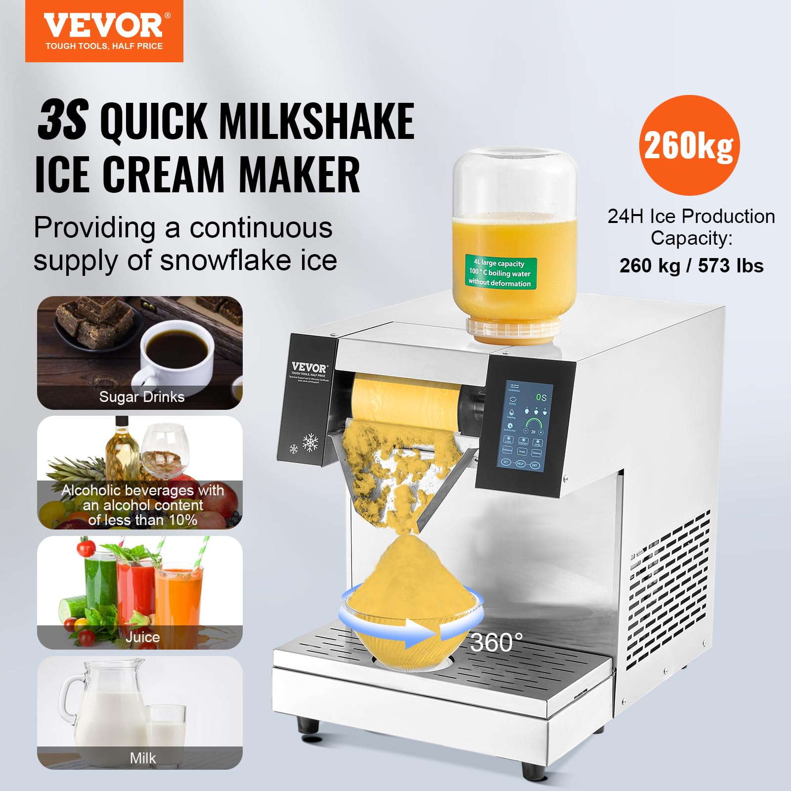 VEVOR Commercial Snowflake Ice Machine, 397LBS/24H Snowflake Ice Maker, Stainless Steel Ice Shaver Machine, Electric Snow Cone Maker, Liquid Cooling System for Rapid Heat Dissipation, Ice Cream