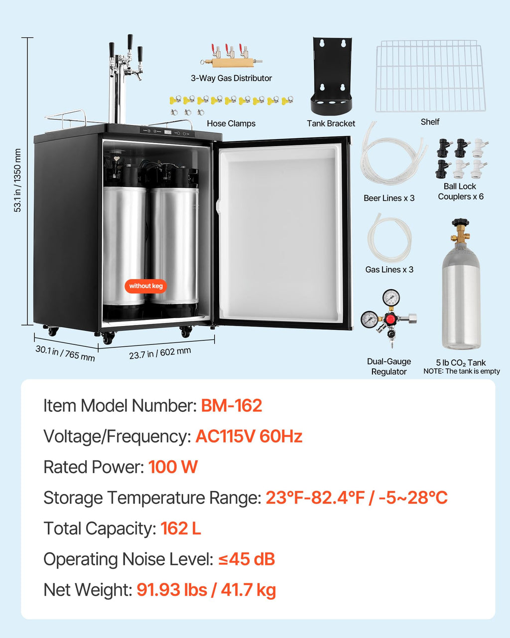 VEVOR Beer Kegerator, Dual Tap Commercial Draft Beer Dispenser for D system, Full Size Keg Refrigerator with 5lbs CO2 Tank, Hold 2 Sixth / 2 Ball lock keg, Black