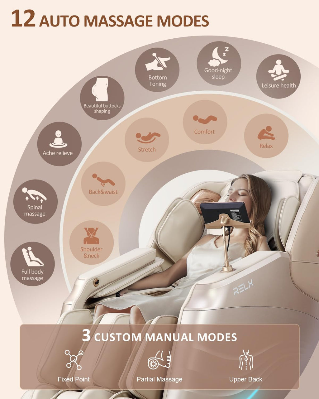 RELX Massage Chair Full Body, 20 Modes Zero Gravity SL-Track Shiatsu Massage Chair Built-in Heat System, Airbag Massage with Body Scan, Deep Yoga Stretch, Calfrest Extension and AI Control(Cream)