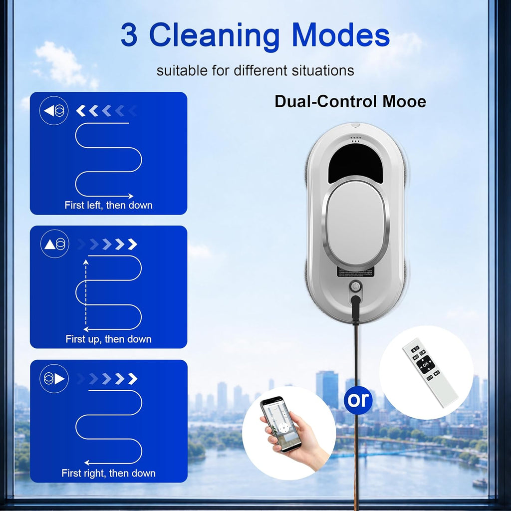 Automatic Window Cleaning Robot, Smart Robot Window Cleaner Inside/Outside, 3000Pa Suction, Intelligent Path Planning, Remote Control for high Glass, Shower, Mirror with 10 Rags(White)