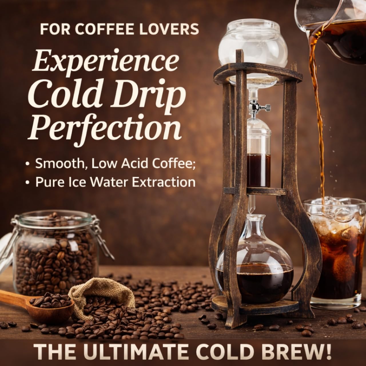 Nispira Cold Brew Drip Tower Iced Coffee Maker Glass Wooden Stand 25 Cups