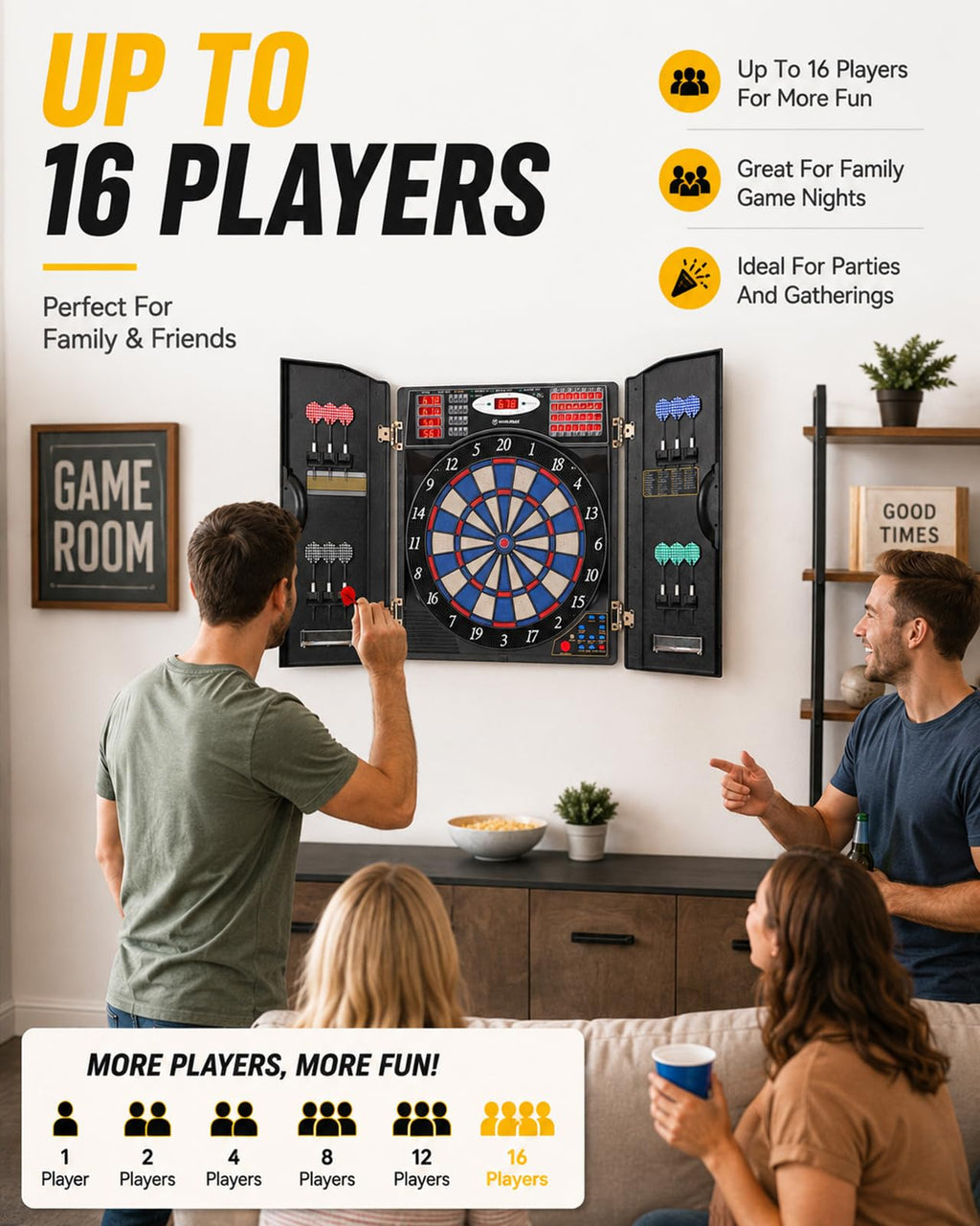 WIN.MAX Electronic Dart Board, Soft Tip Dartboard Cabinet Set for Adults, LED Scoring Dartboard with 38 Games & 211 Variants, Up to 16 Players, 12 Darts+40 Tips, Wall Mount for Bar Game Room Man Cave