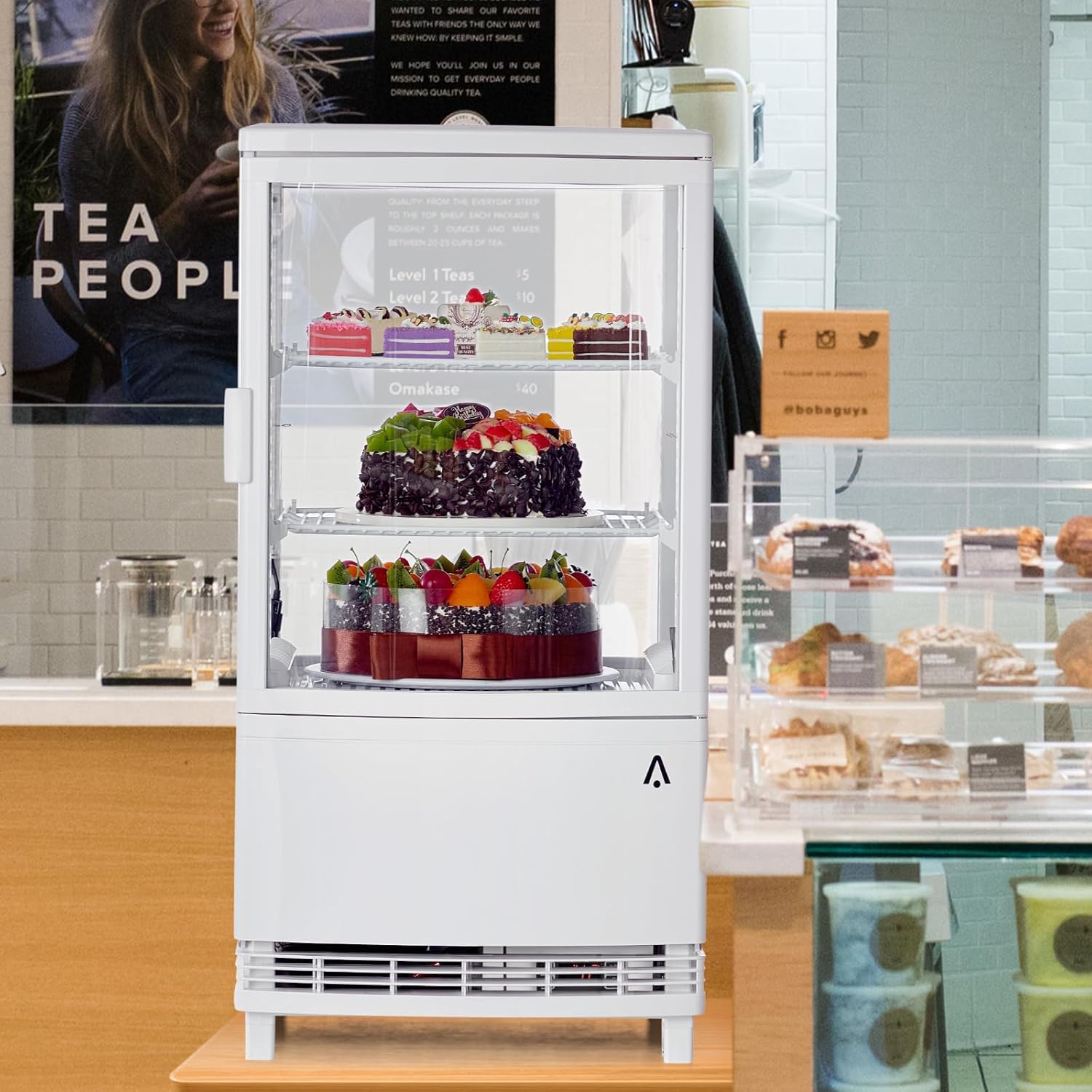 Commercial Display Refrigerator, 3.5 cu. ft./98 Liter Countertop Refrigerated Cake Display Cabinet, Refrigerator with Adjustable Shelves and Digital Controls, LED Display, For Cafes, Bakeries, White