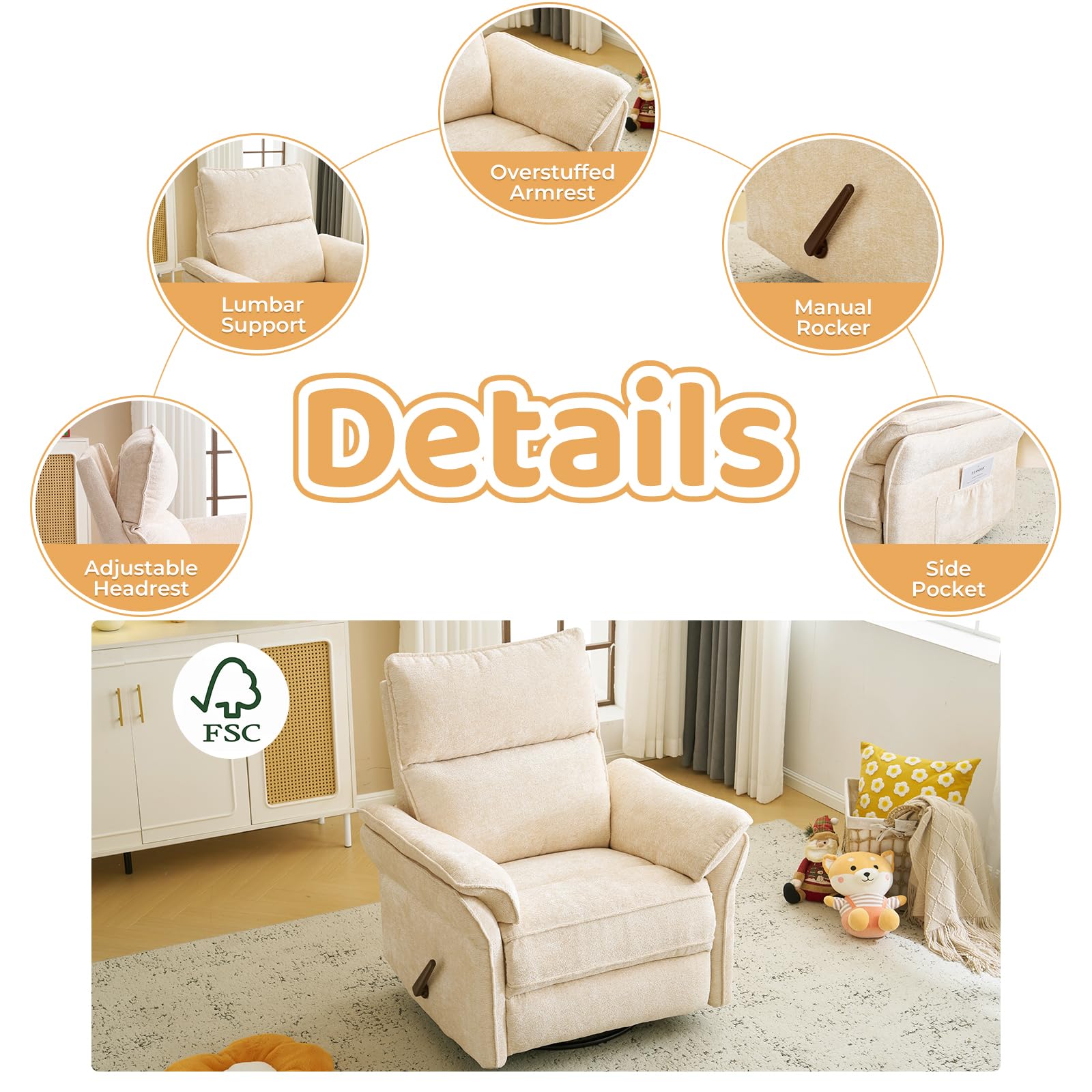 Oversized Rocking Chair Nursery with Massage and Heat, Glider Recliner Nursery Chair with Adjustable Headrest, Power Swivel Rocker Recliner Chair with USB Port, Dark Grey