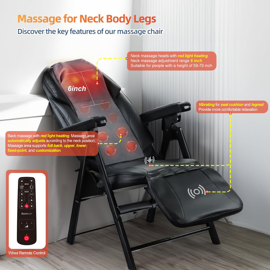 Foldable Electric Massage Chair with Heat, Shiatsu, Kneading, Vibration, Full Body Relaxation, Adjustable Backrest & Neck Height,for Dad Mom Women Men