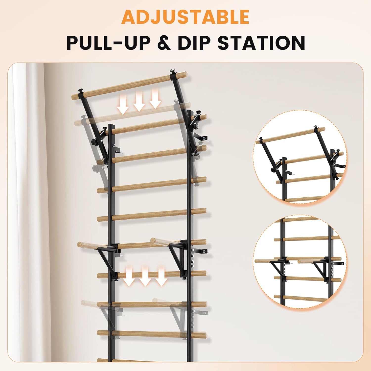 Swedish Ladder Wall Gym, Stall Bar Home Gym with Adjustable Pull-Up Bar, Dip Bar Attachments & 2pcs Resistance Band, 9 Strategic Rods for for Home, School, Hysical Therapy and Gymnastics