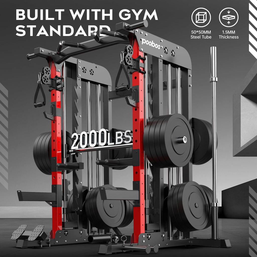 pooboo Multi-Functional Machine Power Cage, 2000LB Squat Rack, LAT-Pull Down System, Dual Pulley Cable Crossover System, Home Gym Workout Machine with Strength Training Attachments