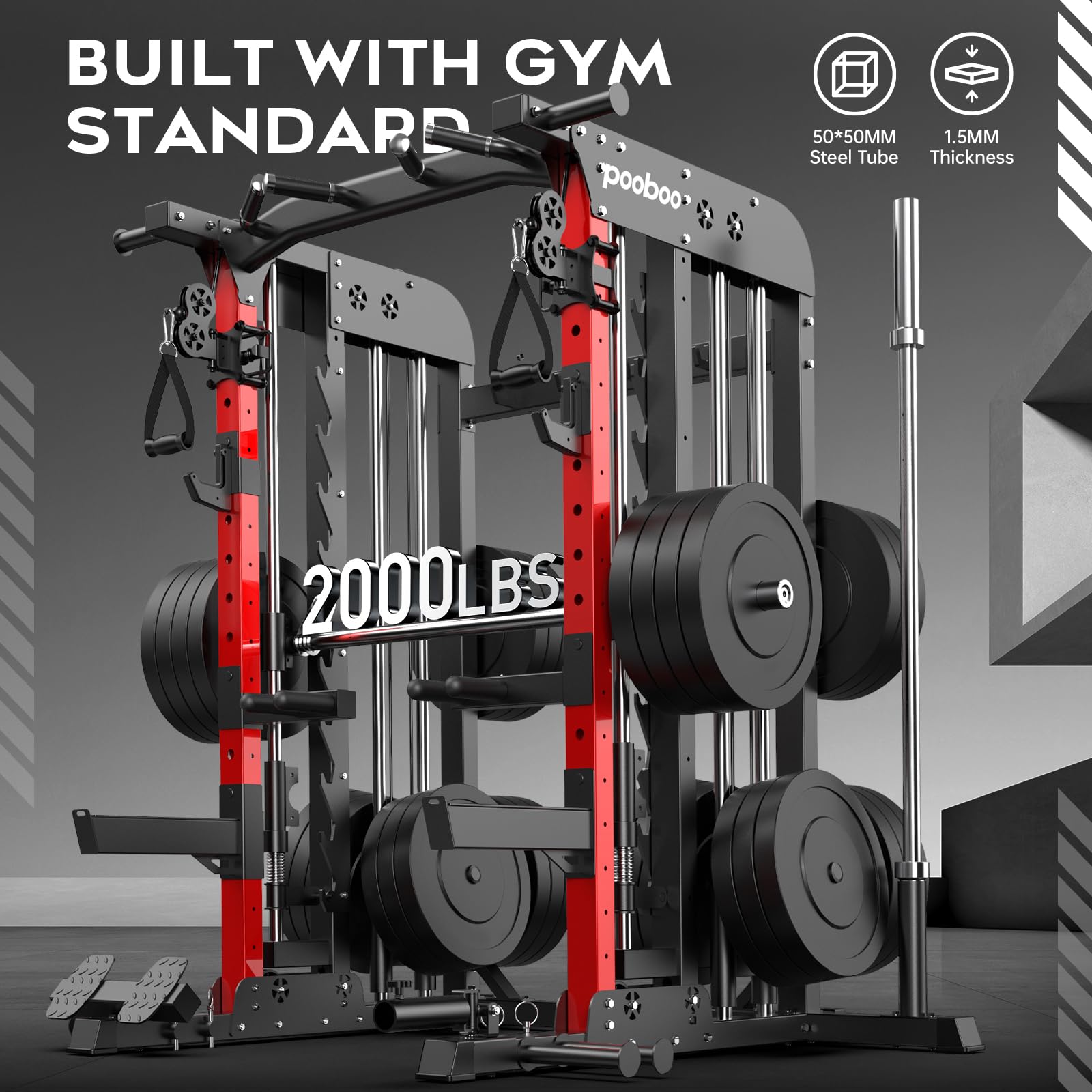 pooboo Multi-Functional Machine Power Cage, 2000LB Squat Rack, LAT-Pull Down System, Dual Pulley Cable Crossover System, Home Gym Workout Machine with Strength Training Attachments