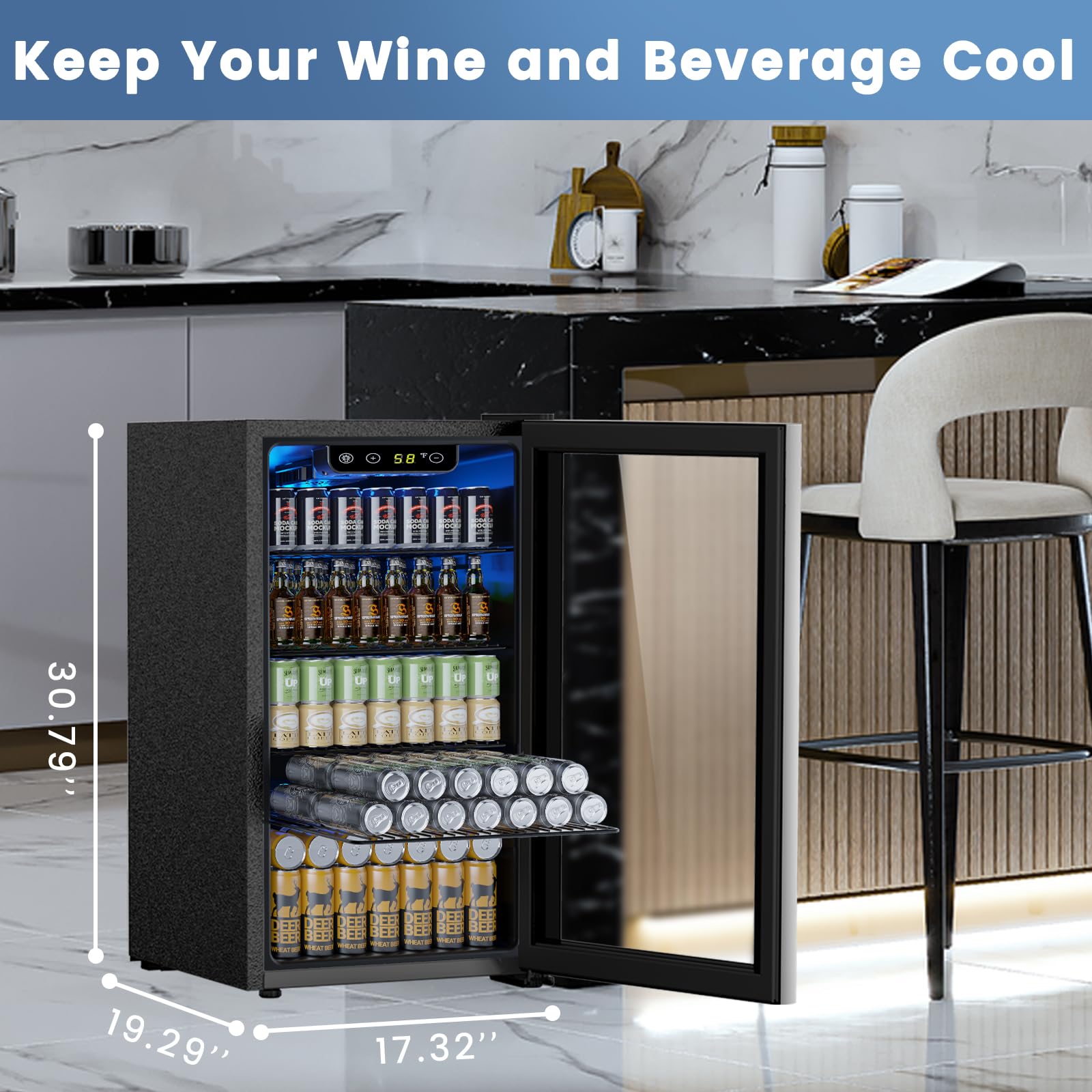 Electactic 50 Cans Beverage Refrigerator Cooler, 1.3 Cu.ft Mini Fridge Countertop Drink Cooler with Glass Door for Beer, Soda,Wine, Adjustable Digital Temperature Control for Home Dorm Bar, Black