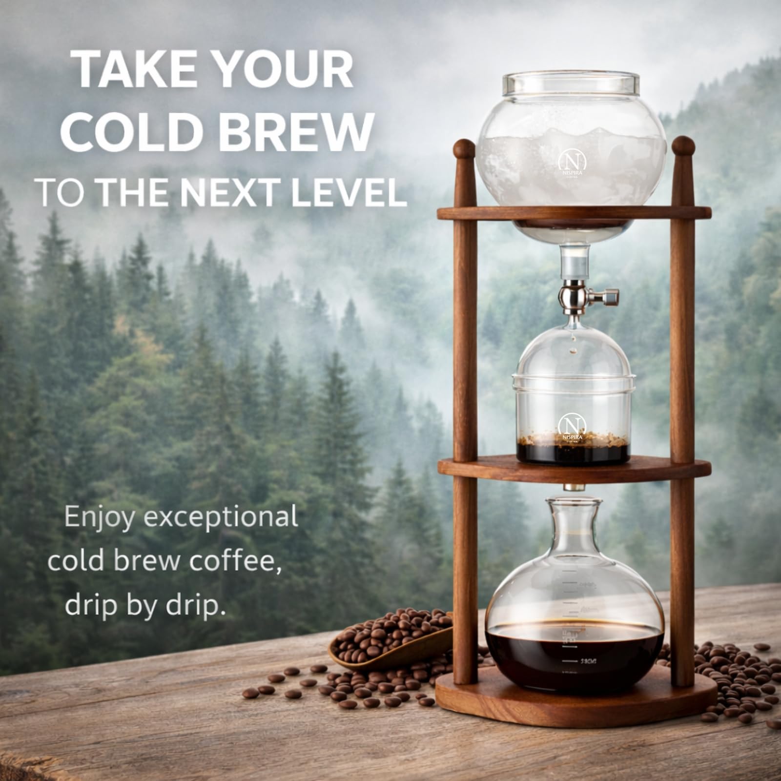 Nispira Cold Brew Drip Tower Iced Coffee Maker Glass Wooden Stand 25 Cups