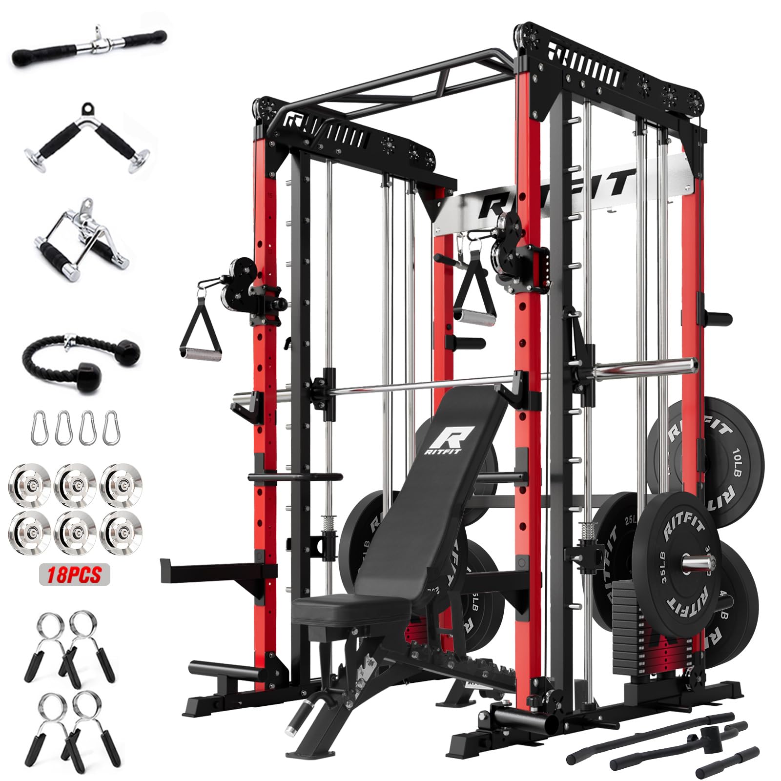RitFit M1 Pro Smith Machine Package, All-in-One Power Cage with Weight Stack Set, Includes LAT Pulldown & Cable Crossover System for Home Gym
