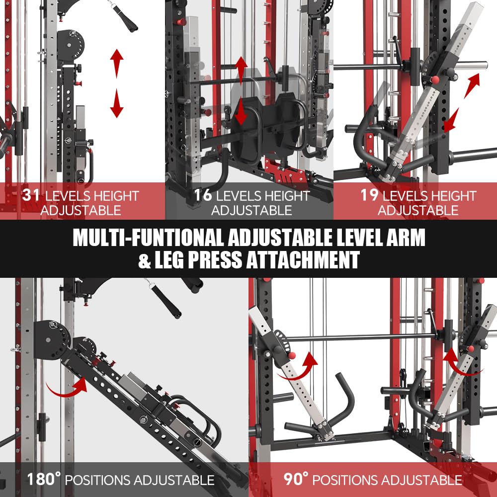 Commercial Smith Machine with Smith Bar, 4000LBS Power Cage Squat Rack with Lever Arm, Leg Press, LAT Pull Down System, Multi-Function Linear Bearing Cable Crossover Machine for Home Gym