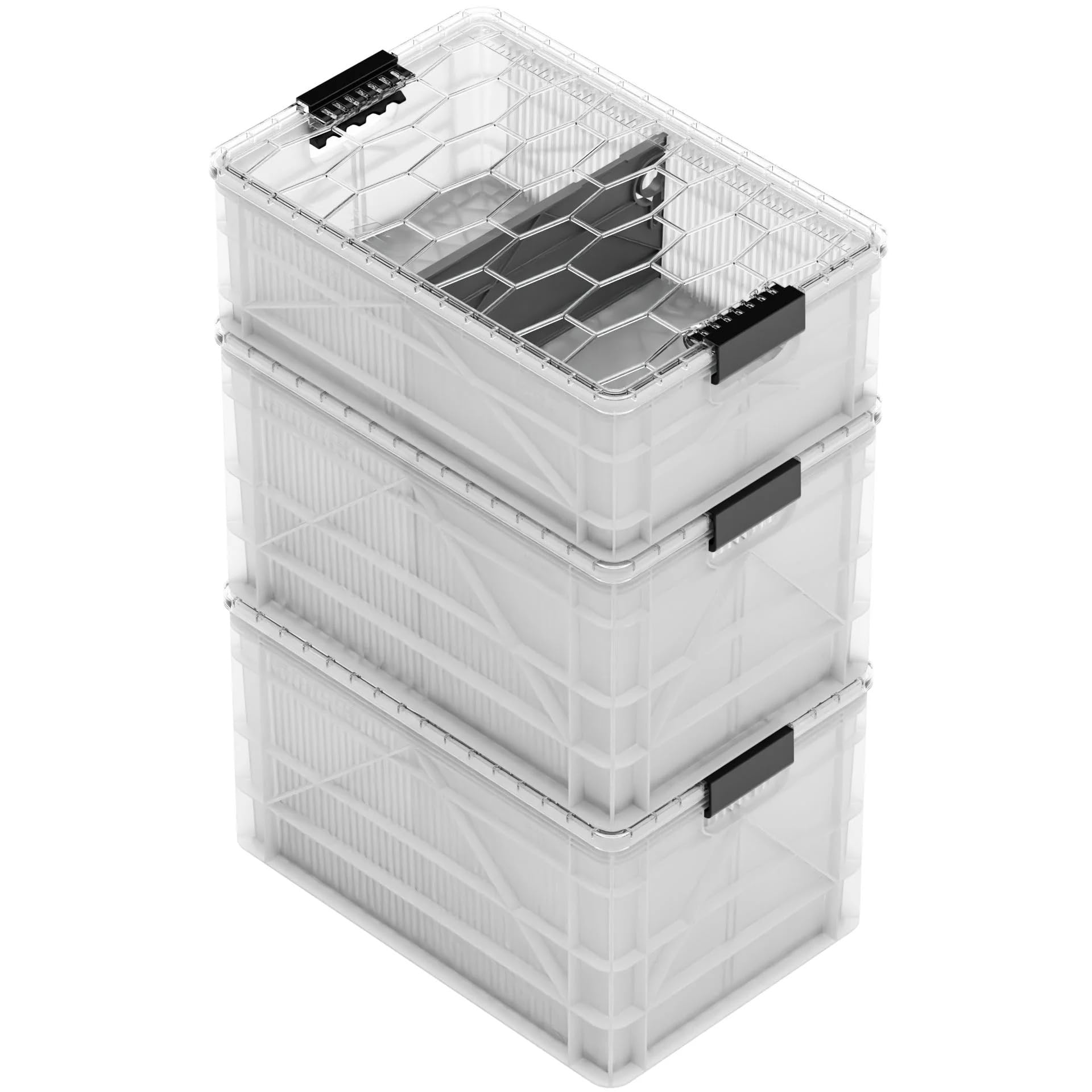 SIDIO CRATE Starter Pack - Two Full Size and One Half Size SidioCrate, Stackable Outdoor Organizer Storage Bins with Clear Lid and Dividers - Tan