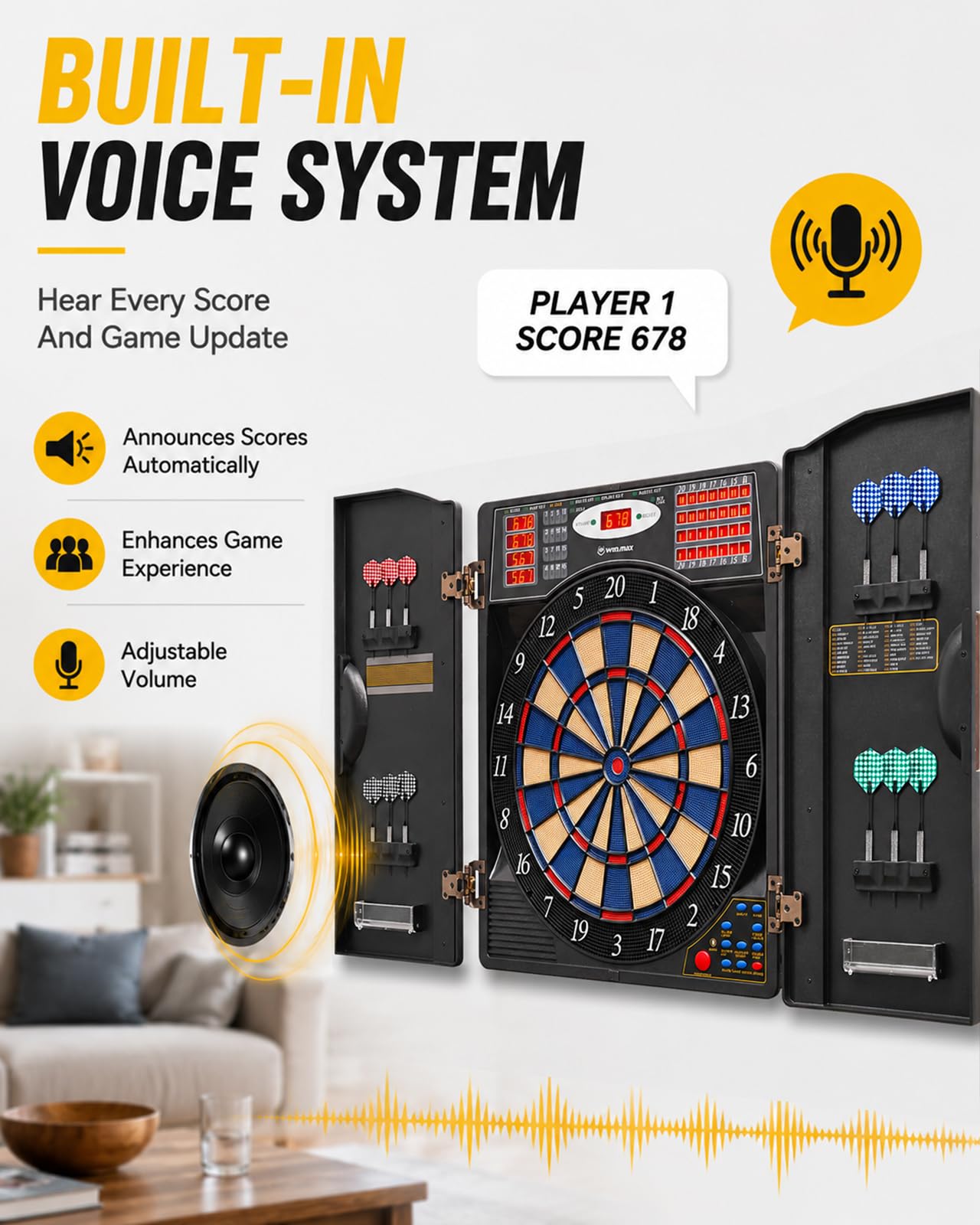 WIN.MAX Electronic Dart Board, Soft Tip Dartboard Cabinet Set for Adults, LED Scoring Dartboard with 38 Games & 211 Variants, Up to 16 Players, 12 Darts+40 Tips, Wall Mount for Bar Game Room Man Cave