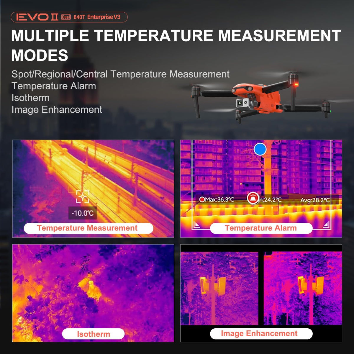 Autel Robotics EVO II Dual 640T Enterprise V3, 640 * 512 T~hermal Imaging | Support Remote ID, 0.8" RYYB CMOS 8K Sensor, DRI Ranges, 1-16x Zoom, 42 Mins,15KM Transmission