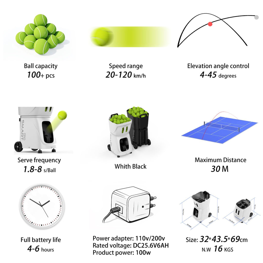 Smart Tennis Ball Machine PT-SMART PRO - 100+ Ball Capacity, Full APP Control, Internal Spin Serve, Ideal for Training & Matches