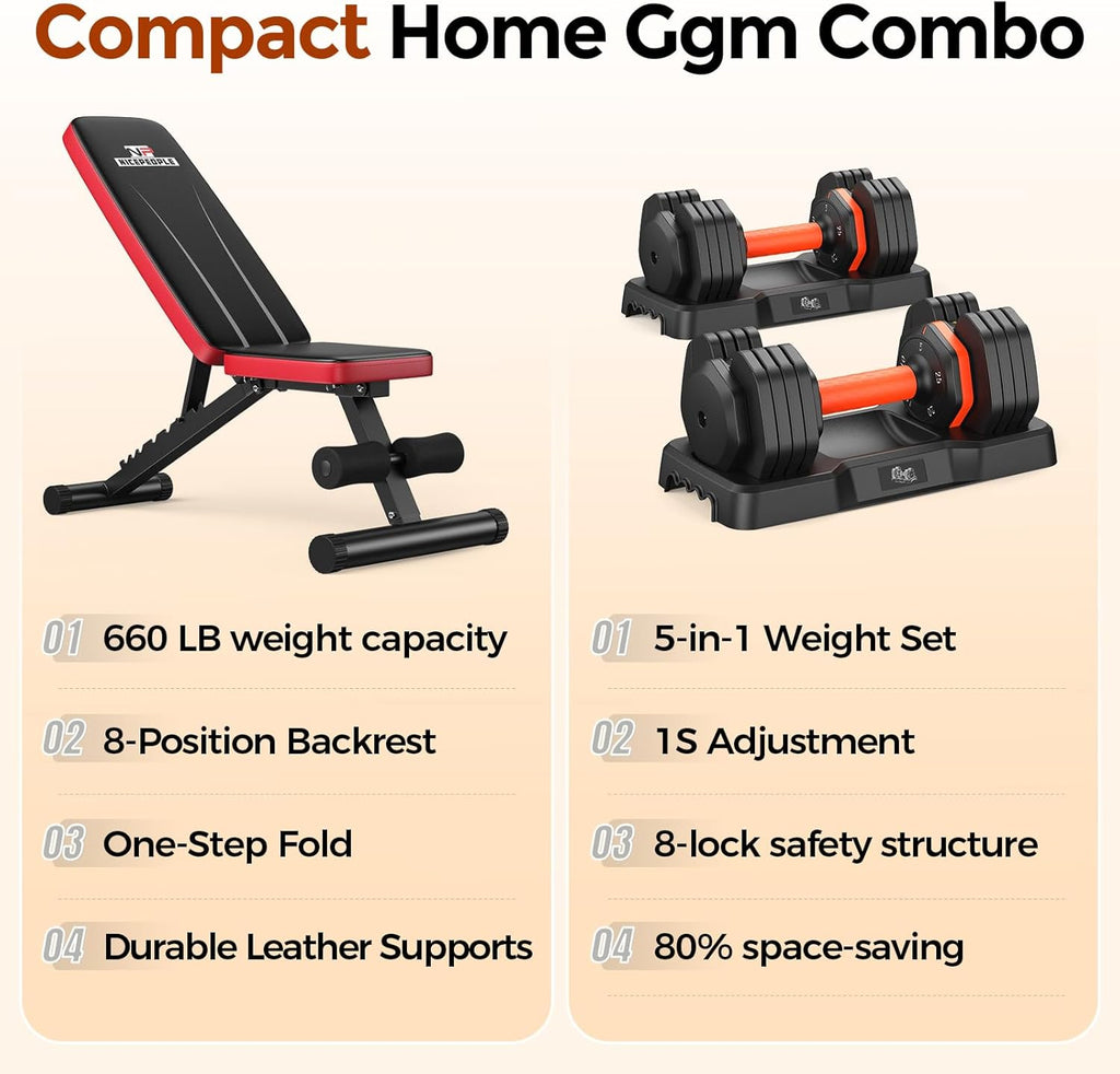 NICEPEOPLE Adjustable Weight Bench and Dumbbell Set for Home Gym, 660LBS Capacity Workout Bench with Adjustable Dumbbell Set of 2, 25LBS Pair (Total 50LBS) with Storage Box for Full Body Workouts