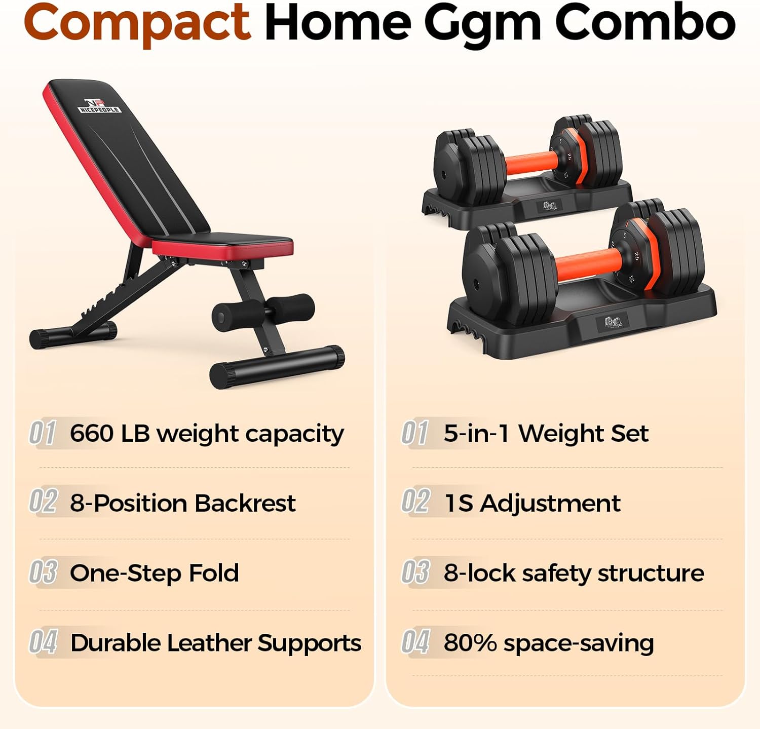 NICEPEOPLE Adjustable Weight Bench and Dumbbell Set for Home Gym, 660LBS Capacity Workout Bench with Adjustable Dumbbell Set of 2, 25LBS Pair (Total 50LBS) with Storage Box for Full Body Workouts