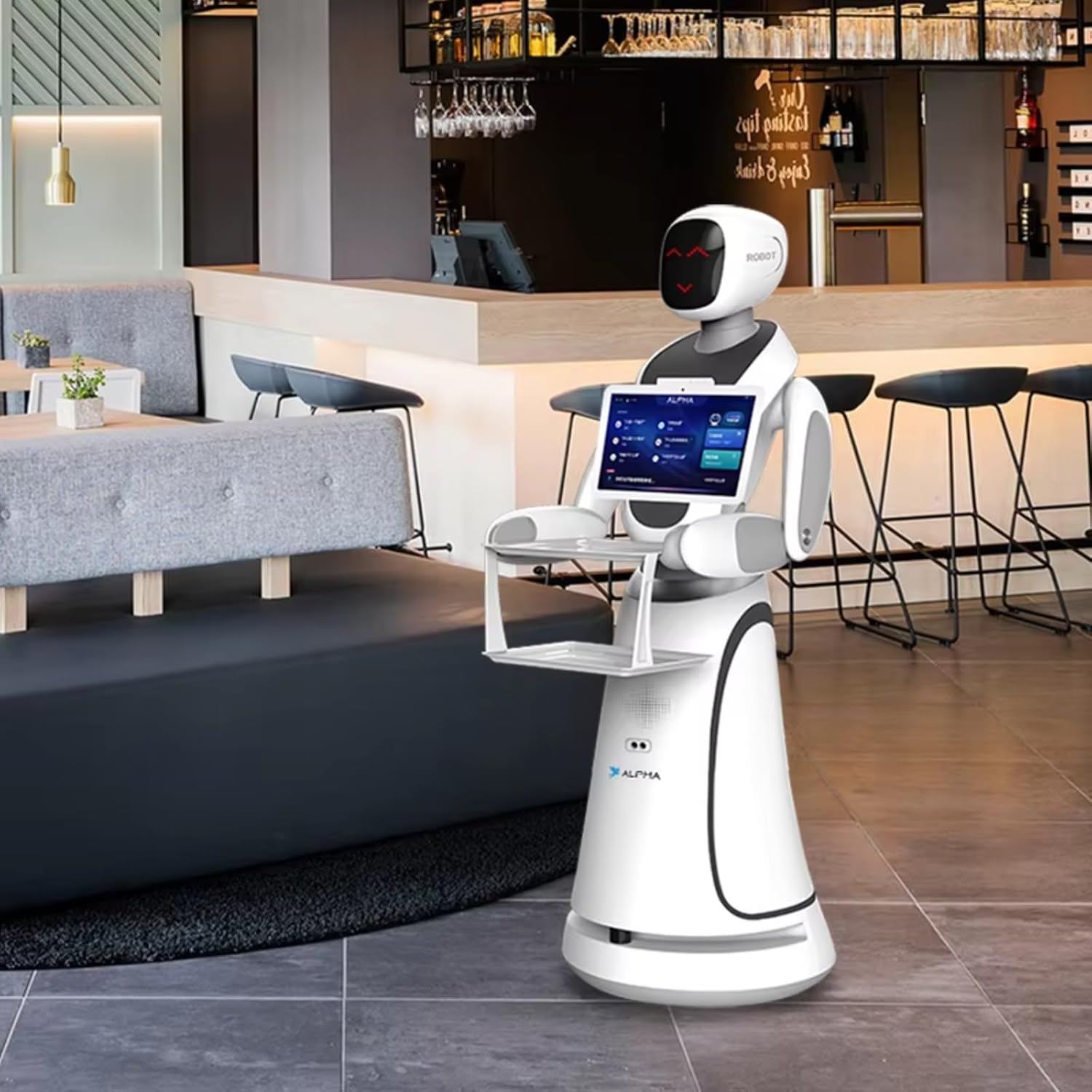 Restaurant Delivery Robot with Smart Navigation and Autonomous Obstacle Avoidance, AI Service Robot with Dual Tray, Touch Screen and Voice Assistant for Restaurant Hotel Cafe Hospitality Service