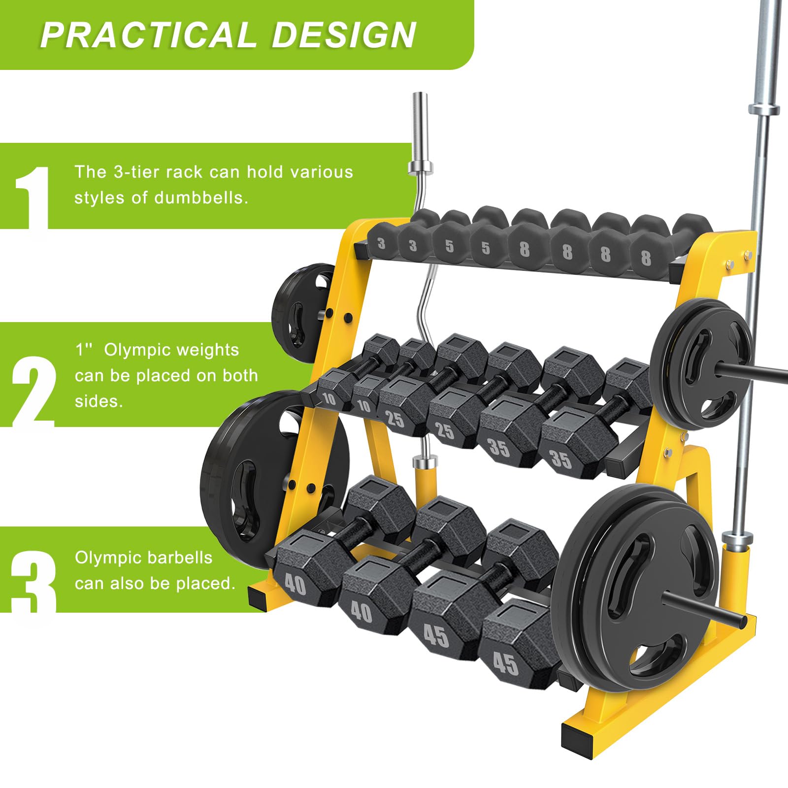 Kipika Heavy Duty 3 Tier Dumbbell Rack Multifunctional, Weight Rack for Dumbbells, Home Gym Equipment, Suitable for Storage of Dumbbell, Kettle Bell, Barbell Plate, Barbell Bar