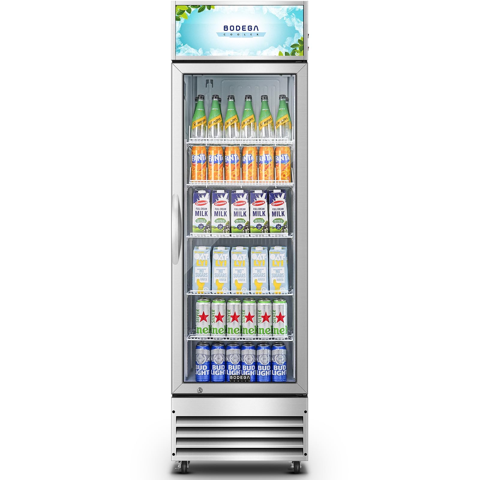 BODEGACOOLER Commercial Merchandiser Refrigerator, 27.02 Cu.Ft Double Glass Door Beverage Cooler, Upright Display Refrigerator with Soft LED Light, Adjustable Shelves, 4 Heavy-Duty Casters, Black