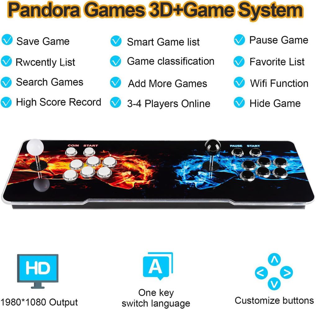 【 35000 Games in 1 】 70S Pandoras Box Arcade Game Console Retro Game Machine for Home PC & TV, 2-4 Players, 1280X720, Support 3D , Search/Hide/Save/Load/Pause , Favorite List,Double Stick