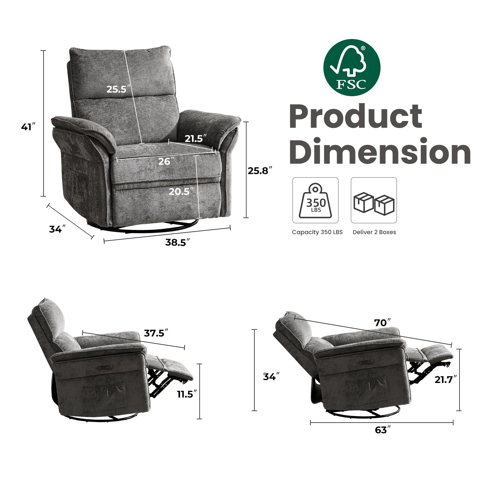 Oversized Rocking Chair Nursery with Massage and Heat, Glider Recliner Nursery Chair with Adjustable Headrest, Power Swivel Rocker Recliner Chair with USB Port, Dark Grey