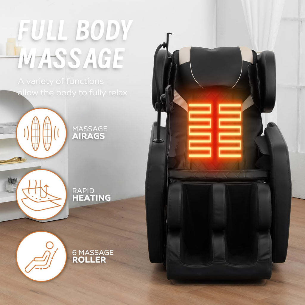 KEIKI Massage Chair Recliner with Zero Gravity, Full Body Air Pressure, Heated Back & Leg, Foot & Calf Massage, Bluetooth Audio, PU Leather, Adjustable Recliner for Home & Office Relaxation, Black