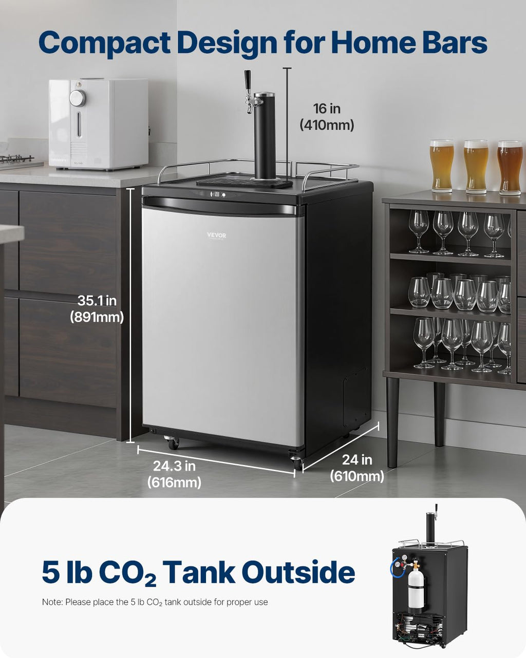 VEVOR Beer Kegerator, Dual Tap Commercial Draft Beer Dispenser for D system, Full Size Keg Refrigerator with 5lbs CO2 Tank, Hold 2 Sixth / 2 Ball lock keg, Black