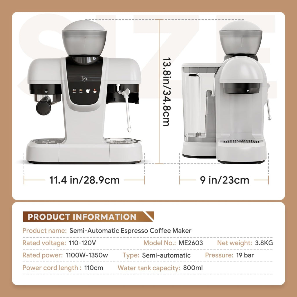 20 Bar Espresso Machine with Grinder & Steam Wand - Semi Automatic Coffee Maker, NTC Intelligent Temp Control, 58mm Stainless Steel Portafilter, One-Touch Panel for Home Barista (BLACK)
