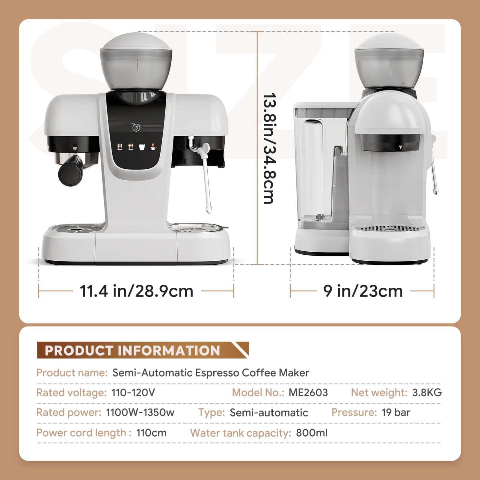 20 Bar Espresso Machine with Grinder & Steam Wand - Semi Automatic Coffee Maker, NTC Intelligent Temp Control, 58mm Stainless Steel Portafilter, One-Touch Panel for Home Barista (BLACK)