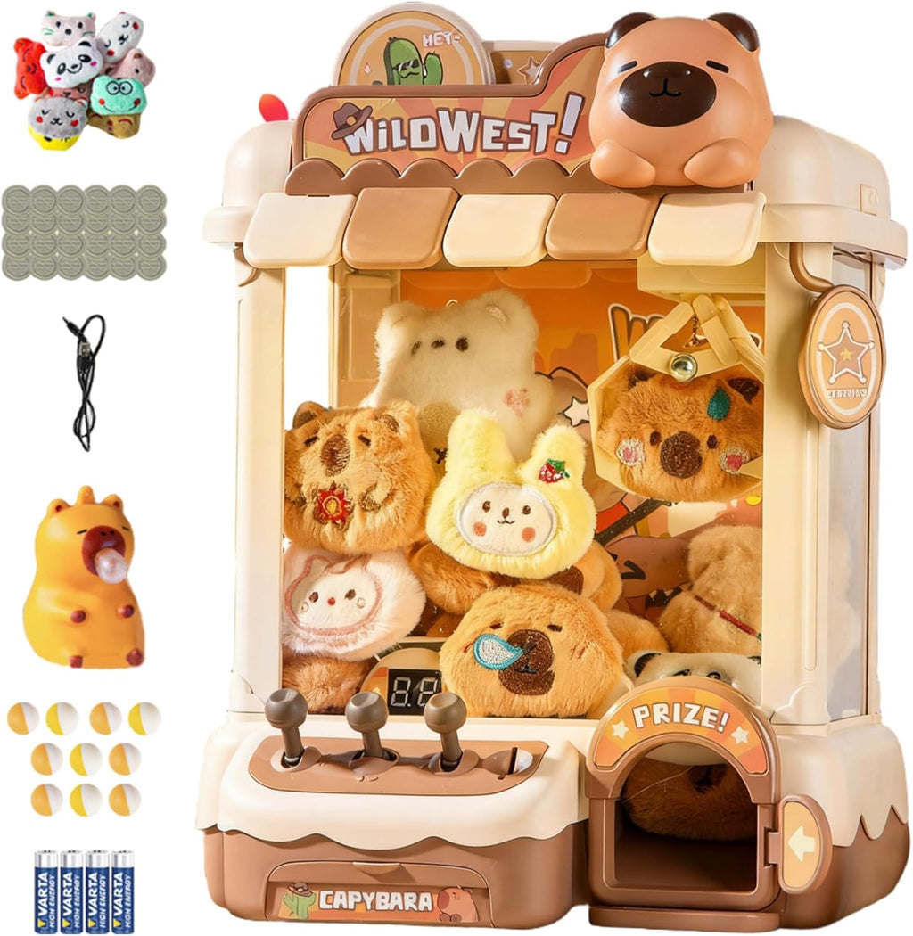Toy Claw Machine for Kids, Cute Capybara Mini Vending Machine Dual Powered with 10 Dolls, 10 Eggs & 24 Coin for Christmas Birthday Party Favors, Utilisation IntéRieure