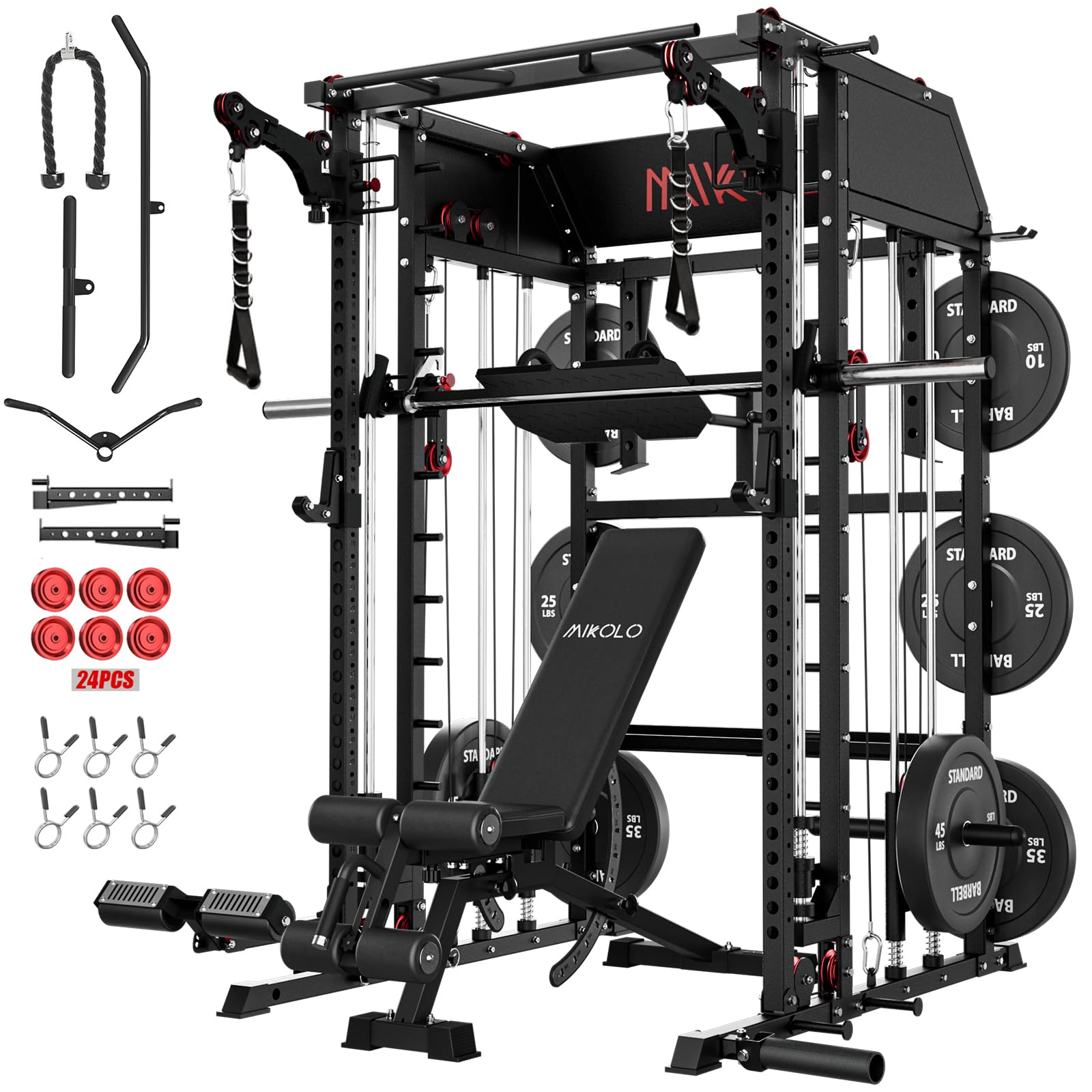 Mikolo Smith Machine, Multi-Function Power Cage with Dual Pulley System, Vertical Leg Press Attachment, Squat Rack Power Rack with More Training Attachment for Home Gym