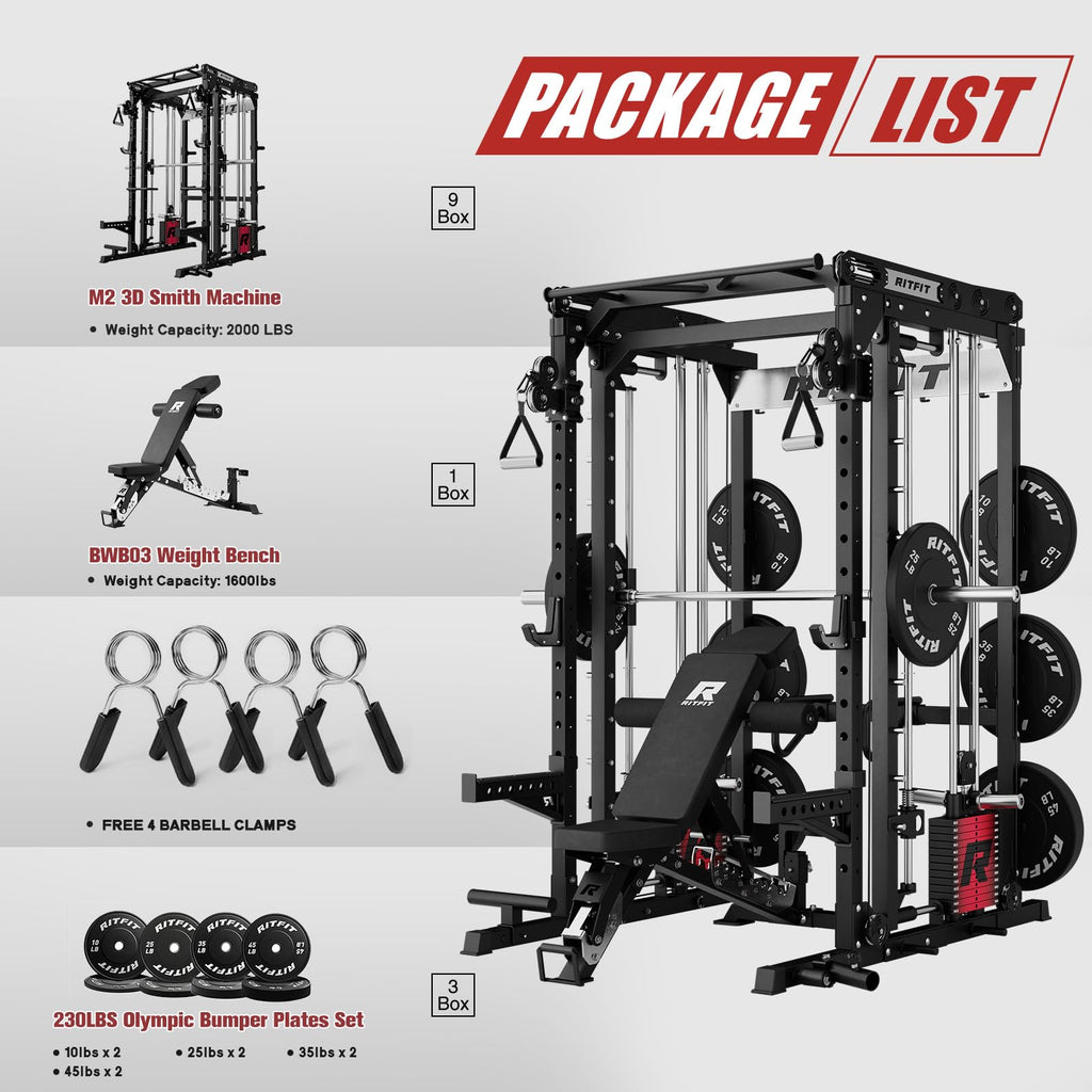 RitFit M2 3D Smith Machine & 286.6LB Built-in Weight Stack with Cable Crossover System, All in One Functional Trainer & Power Cage, 16 Adjustment Holes, 6 Storage Pegs for Full-Body Home Gym