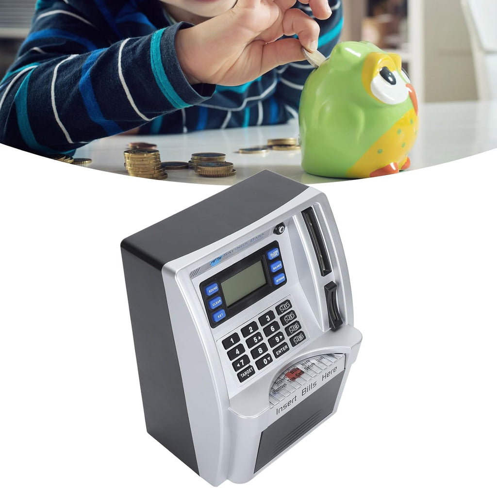 ATM Piggy Bank, Voice Prompt Money Counting Mini ATM Machine for Kids, Note Recognition, Targets Setting Piggy Bank with PIN Code Reset, Password Cash Can