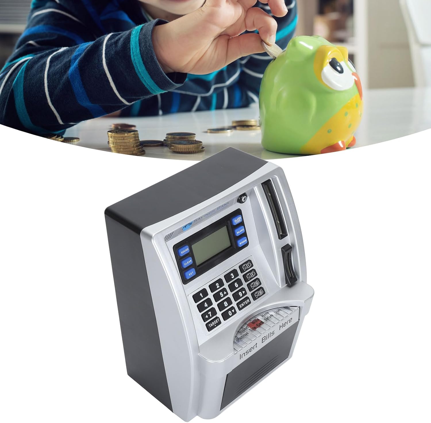 ATM Piggy Bank, Voice Prompt Money Counting Mini ATM Machine for Kids, Note Recognition, Targets Setting Piggy Bank with PIN Code Reset, Password Cash Can