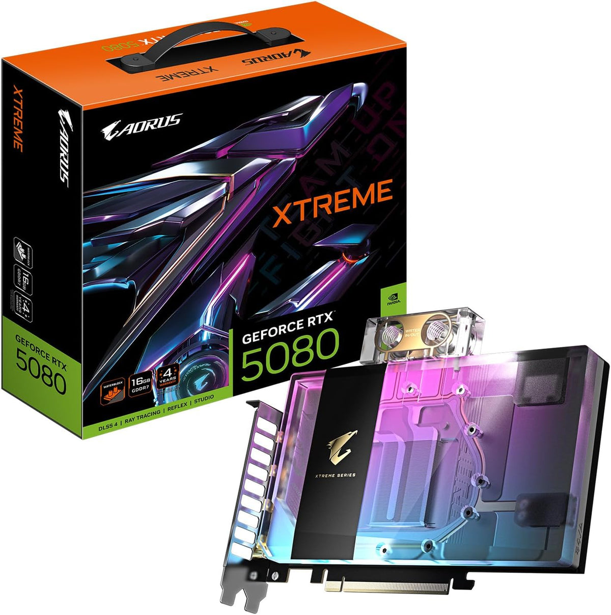 GIGABYTE AORUS GeForce RTX 5080 Xtreme WATERFORCE WB 16G Graphics Card, WATERFORCE Water Block Cooling System, 16GB 256-bit GDDR7, GV-N5080AORUSX WB-16GD Video Card