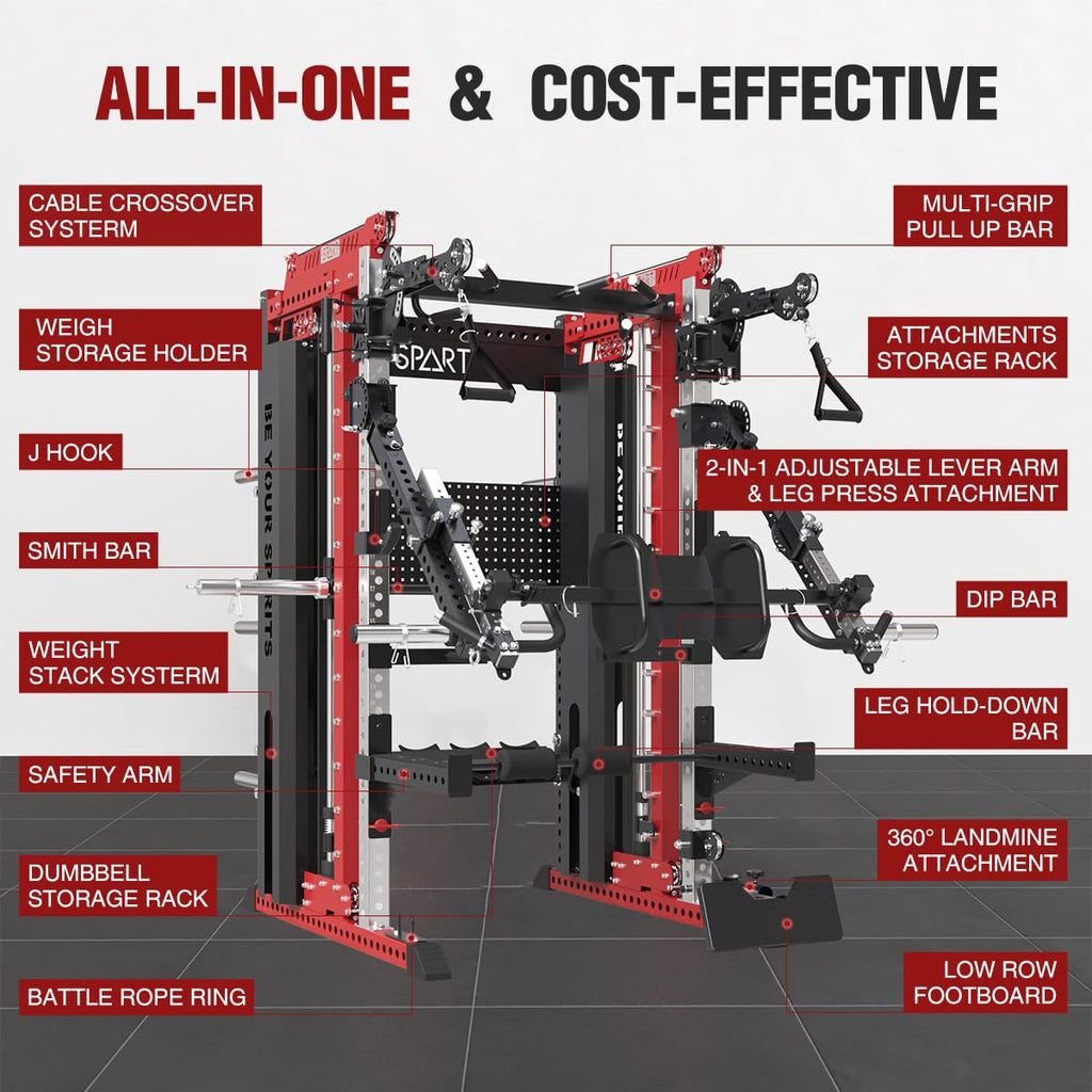 Commercial Smithe Machine with Weight Stack, All-in-One Power Cage Squat Rack Home Gym System with Leg Press Attachment & Cable Crossover, Multi-Functional Trainer with Dual Pulley System for Home Gym