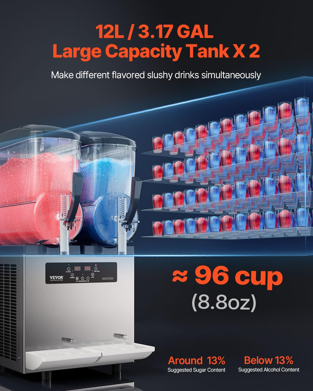 VEVOR Commercial Slushy Machine, 12Lx3 Triple Tank Frozen Drink Machine, 144 Cups Stainless Steel Margarita Smoothie Frozen Drink Maker, Slushie Maker for Home Party Restaurants Cafe Bars