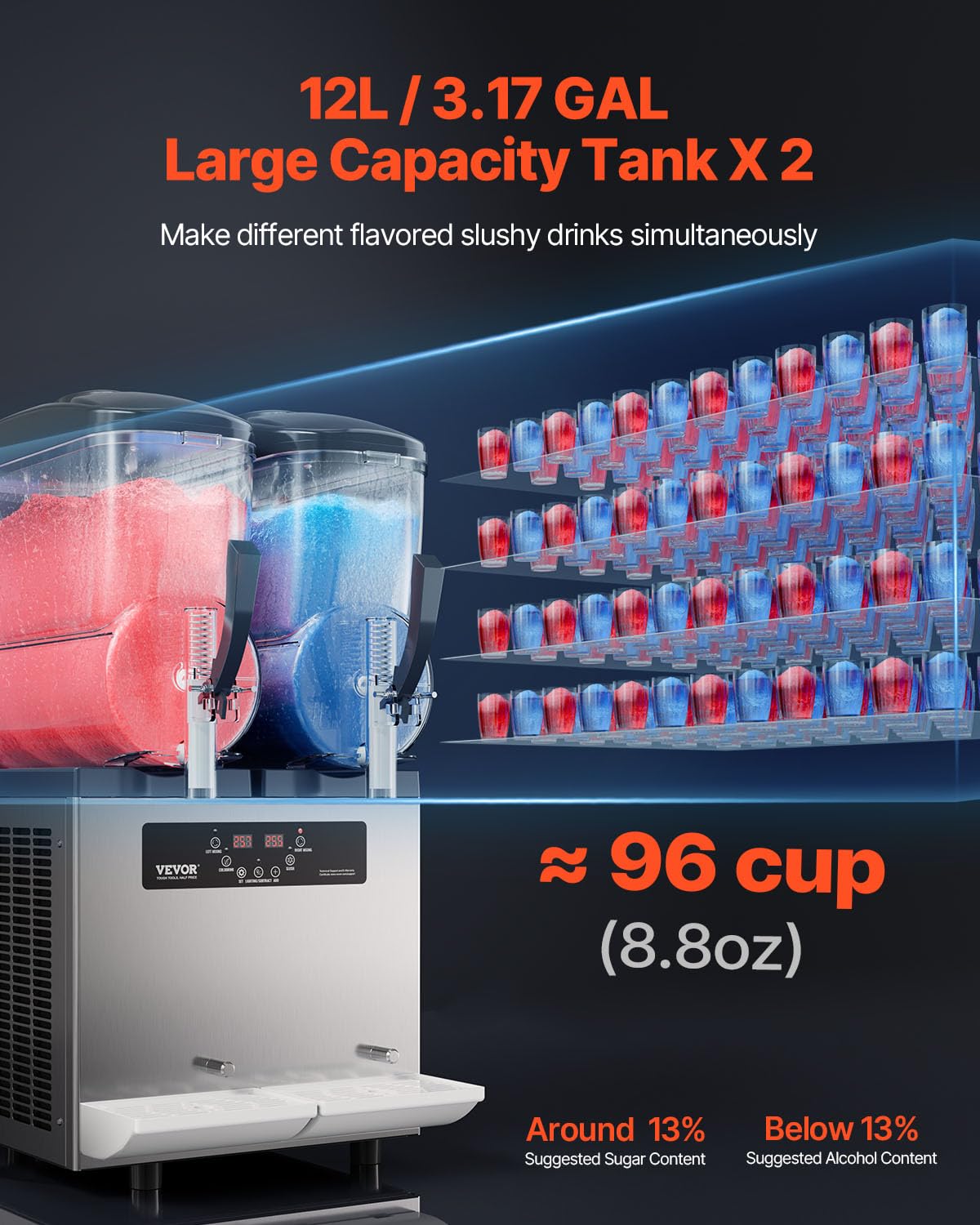 VEVOR Commercial Slushy Machine, 12Lx3 Triple Tank Frozen Drink Machine, 144 Cups Stainless Steel Margarita Smoothie Frozen Drink Maker, Slushie Maker for Home Party Restaurants Cafe Bars